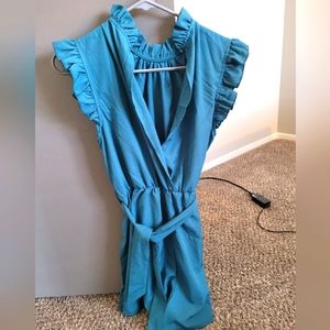 NWOT Blue Ruffle Fabric Romper with Belt
